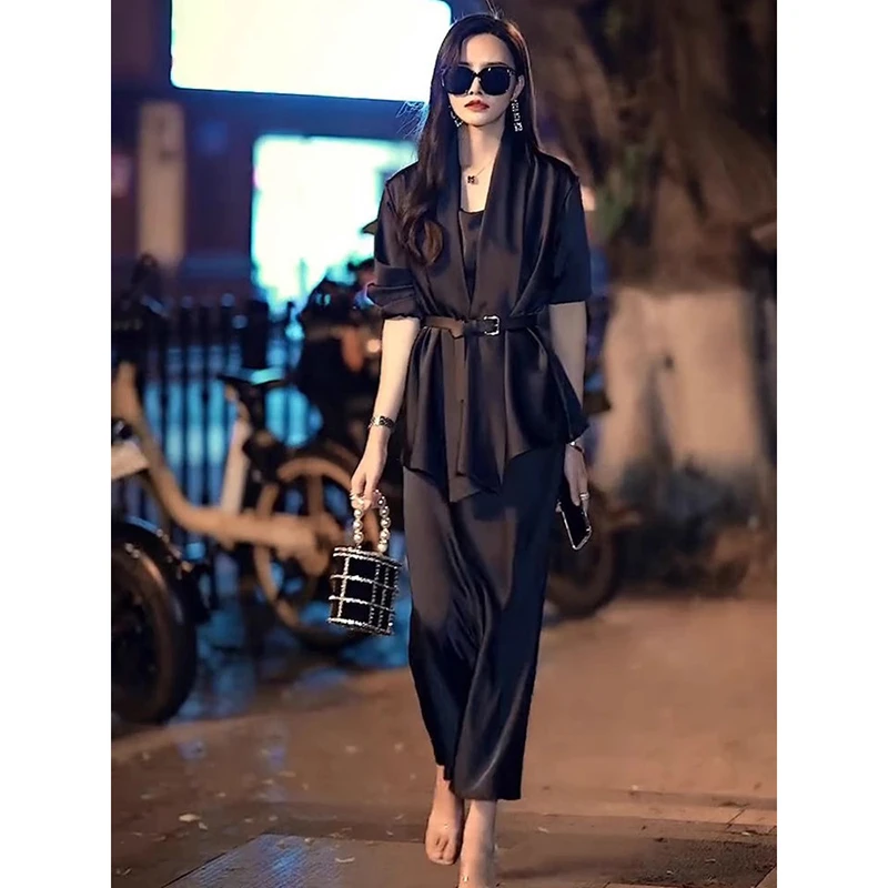 休闲时尚套装女显瘦法式收腰夏季轻熟休闲吊带连衣裙两件套250088