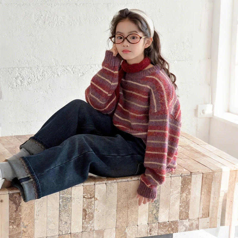 女童2025秋冬新款韩版宽松百搭设计感撞色针织衫毛线上衣牛仔裤潮