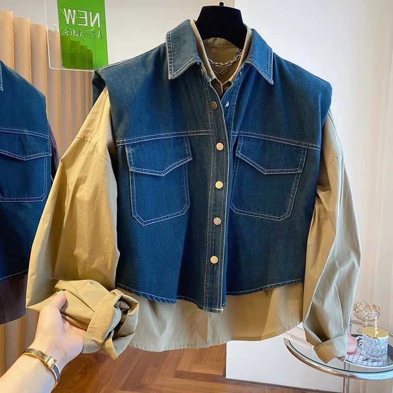 9376+9377秋新款韩版时尚牛仔马甲衬衫两件套长袖衬衣胖MM显瘦