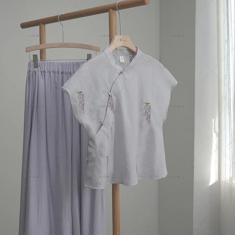 【将军工厂店】原创中式100支苎麻小衫国风独特漂亮绣花上衣4922