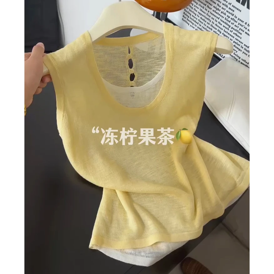 韩系显白假两件无袖背心女夏季小众设计薄款修身拼色薄款外穿吊带