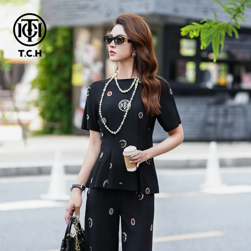 【现货】TCH轻奢烫钻工艺休闲感黑色时尚套装女T75B07E1027私服tch
