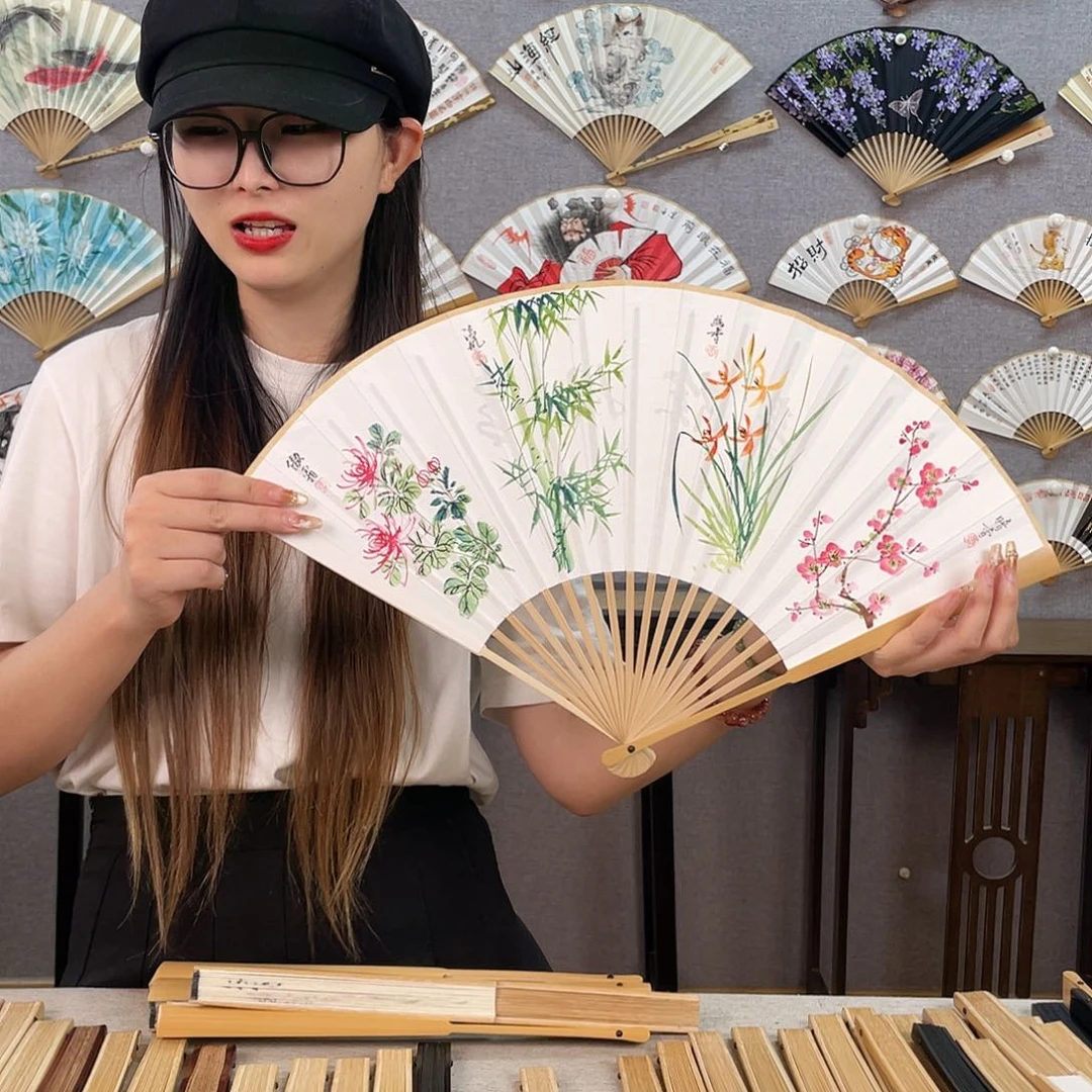 国画95寸玉竹-纯手绘-文玩扇骨（默认粘好）梅兰竹菊