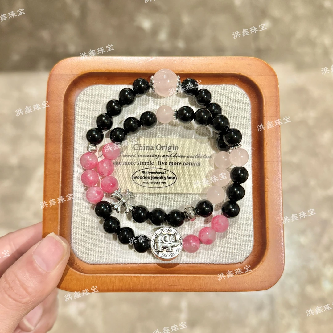 【甜酷女孩】blackpink！黑曜石&蔷薇辉&粉水晶设计款手链 礼盒装