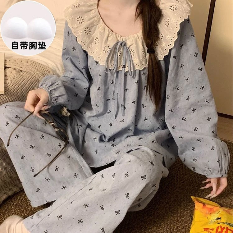 100%云朵棉带胸垫高档长袖长裤韩版大码两件套外穿新款睡衣女秋冬