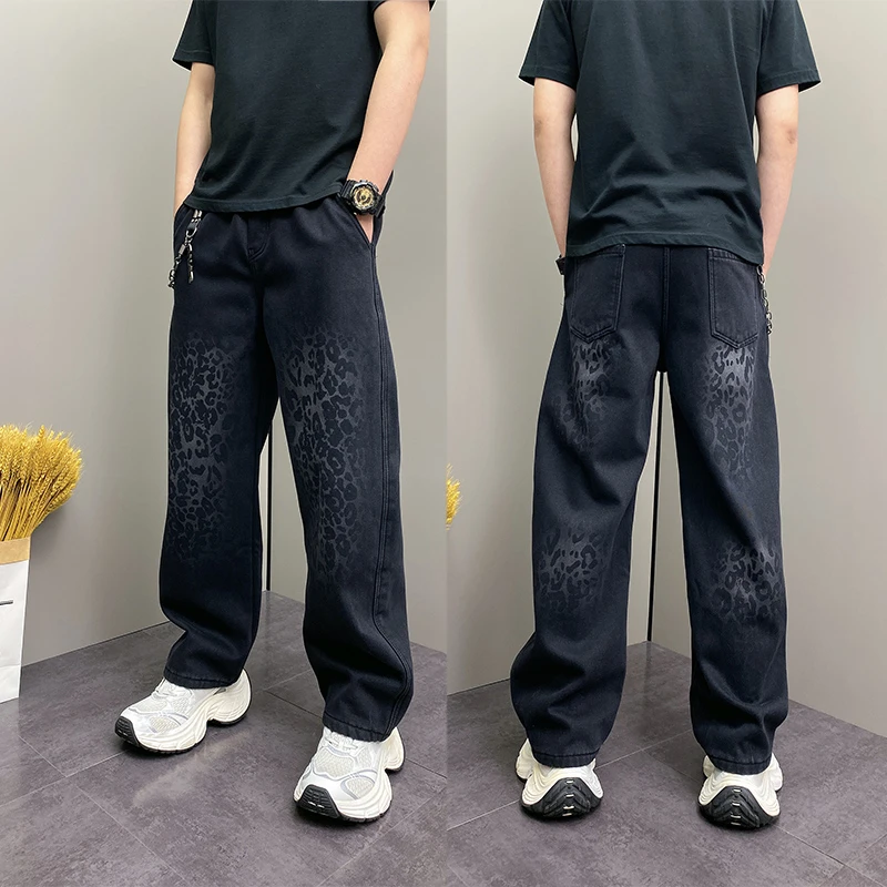 2025冬季加绒美式复古牛仔裤男士宽松直筒长裤豹纹印花弯刀裤潮牌