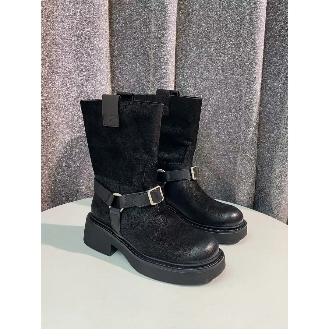 C2107   黑色   时尚粗跟圆头真皮舒适低跟短靴 西部靴