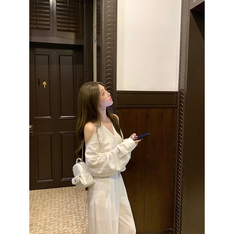 纯欲慵懒风女装洋气宽松百搭翻领长袖衬衫夏季高腰显瘦牛仔短裙