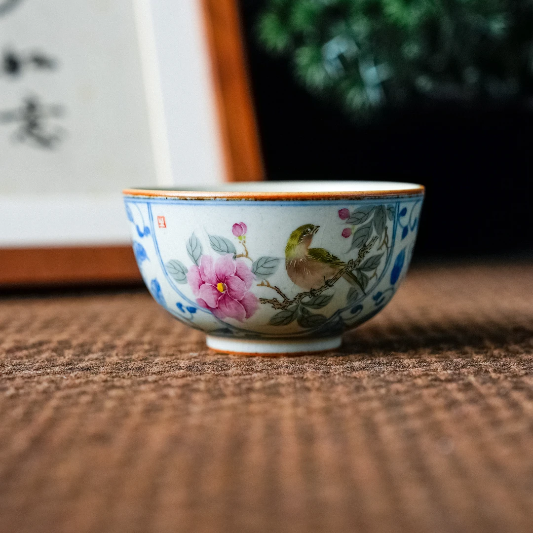 【朴云堂】缠枝喜鹊鸟语花香花鸟宽口主人杯 朴杯0463