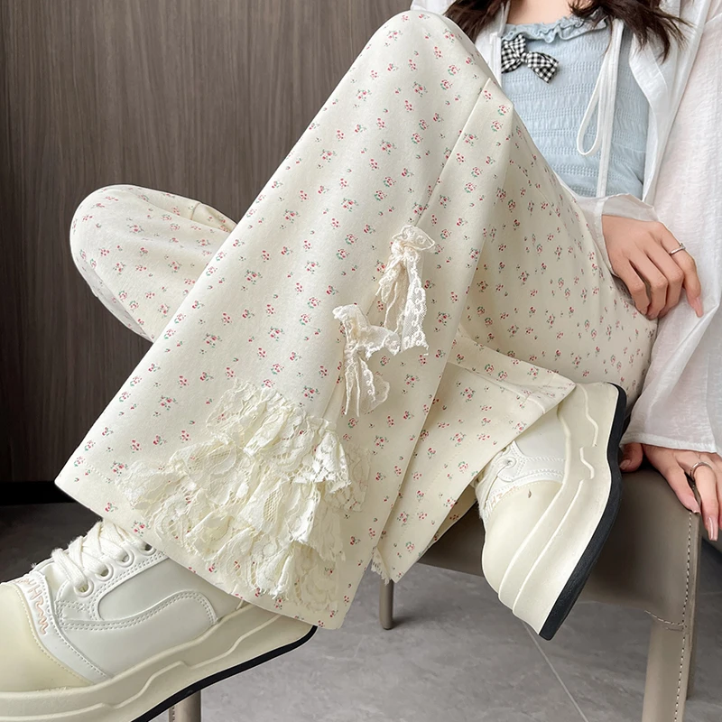 蕾丝印花微喇叭裤女秋季新品高腰显瘦弹力微喇休闲裤马蹄裤