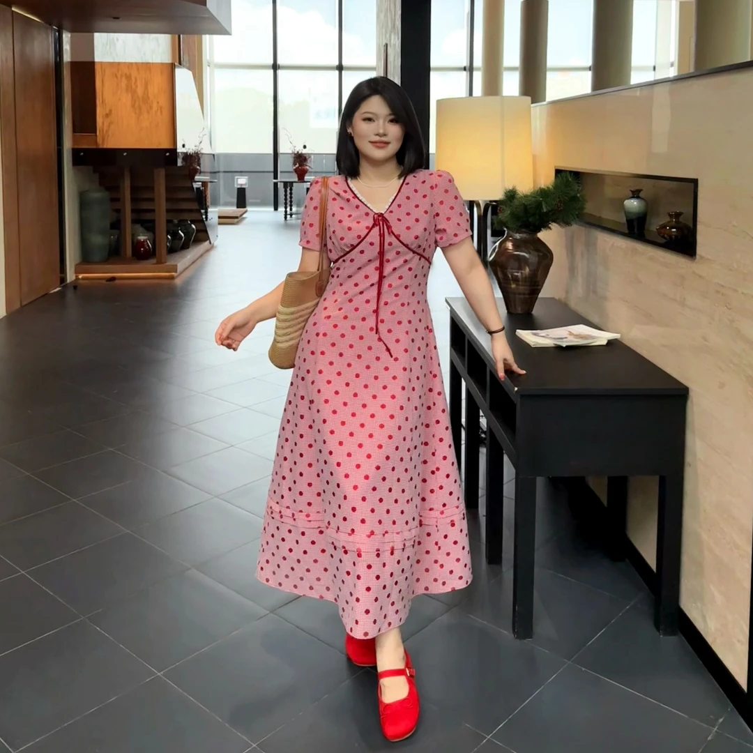 现货【暮光初遇】夏季小众设计系带波点V领微胖连衣裙-F0230