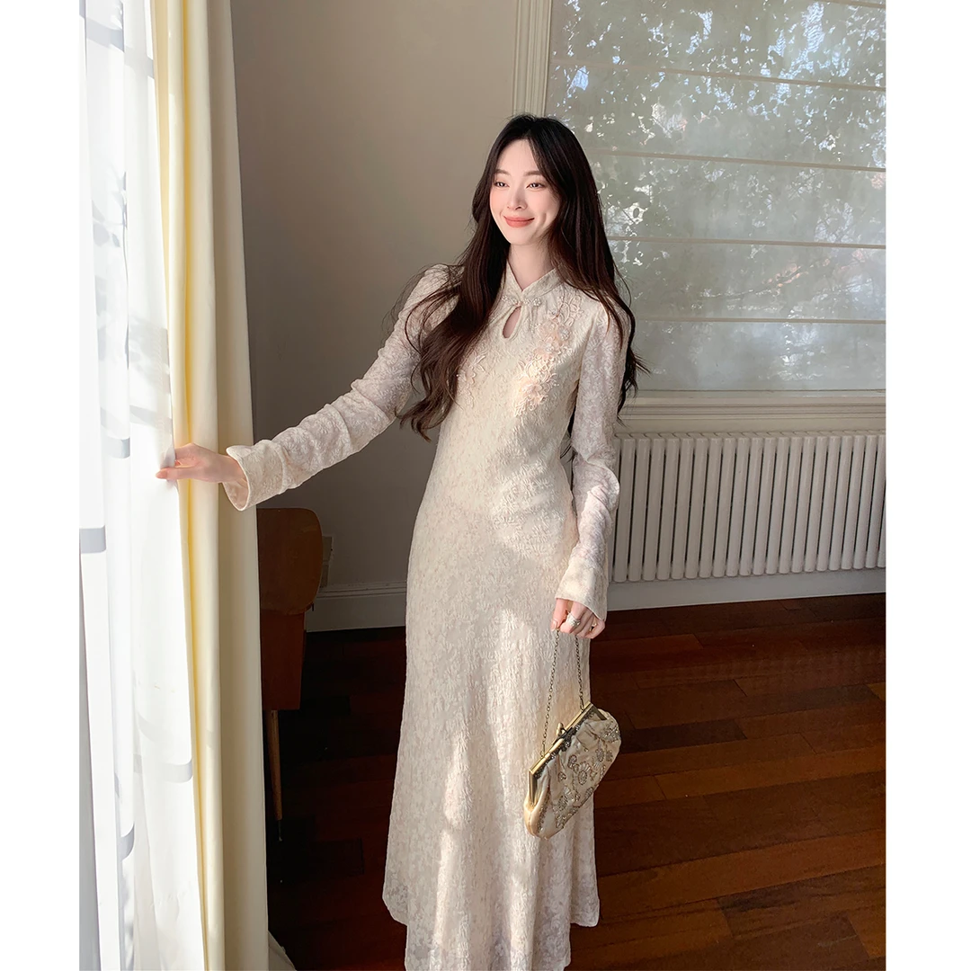 GERTCOREL2025新款秋冬季新中式改良旗袍修身打底丝绒连衣裙女