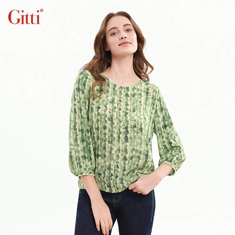 Gitti/吉蒂褶裥条纹印花七分袖T恤女宽松大码慵懒中袖上衣G255011