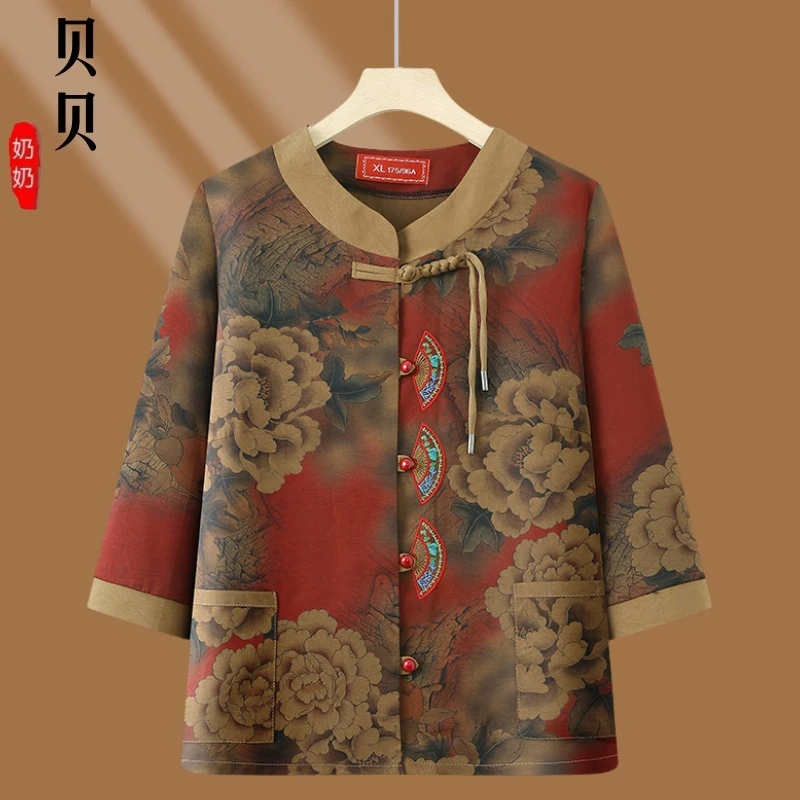 奶奶国风衣服夏装衬衫洋气衣服妈妈中老年人上衣印花女装时尚开衫
