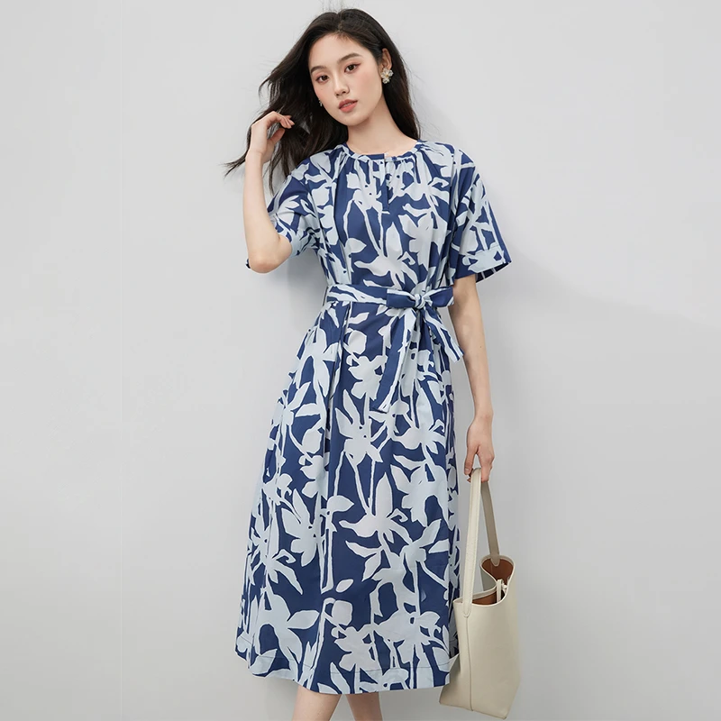 【破冰补贴618】威丝曼女装圆领高腰夏季气质连衣裙蓝色休闲碎花