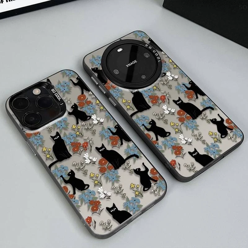 黑猫碎花华为mate60pro手机壳mate70创意P70/60/50磨砂小众防摔