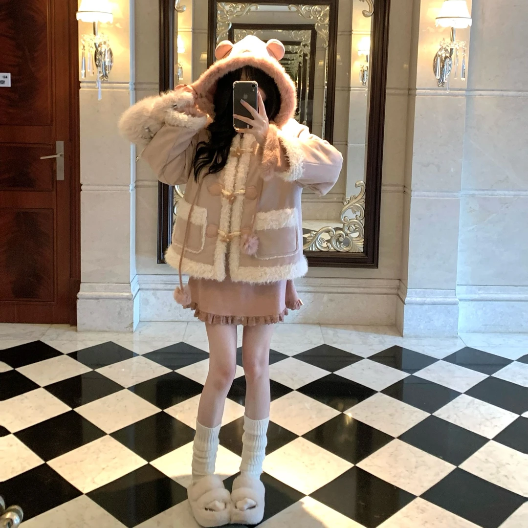 Blovelan绒雾轻语 牛角扣羊羔绒连帽加厚羽绒服外套冬