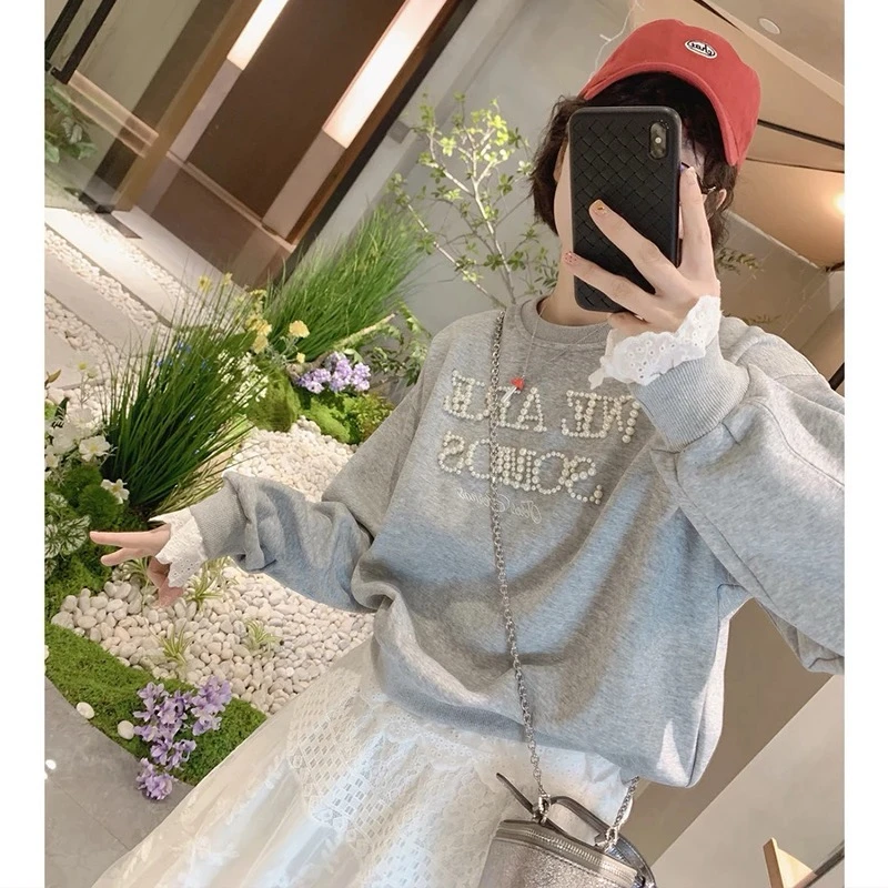 蕾丝边卫衣假两件字母珍珠刺绣2025春秋百搭上衣+半裙套装女印花