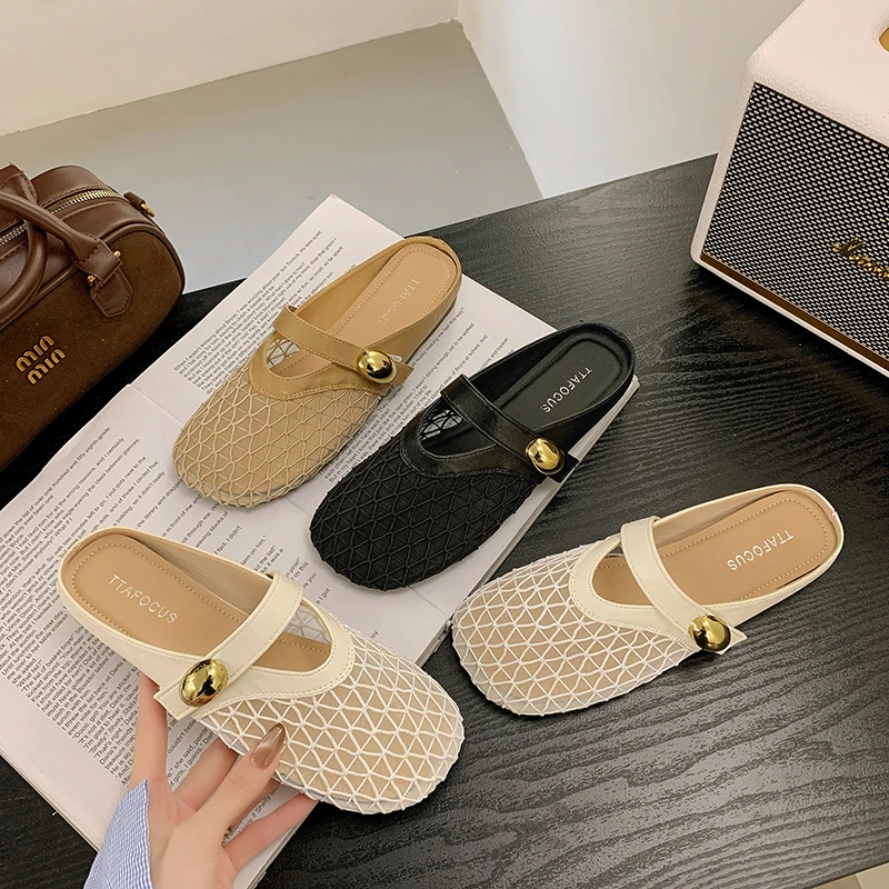 时尚渔网包头半拖鞋女夏季外穿2025新款轻盈透气罗马凉鞋包头拖鞋