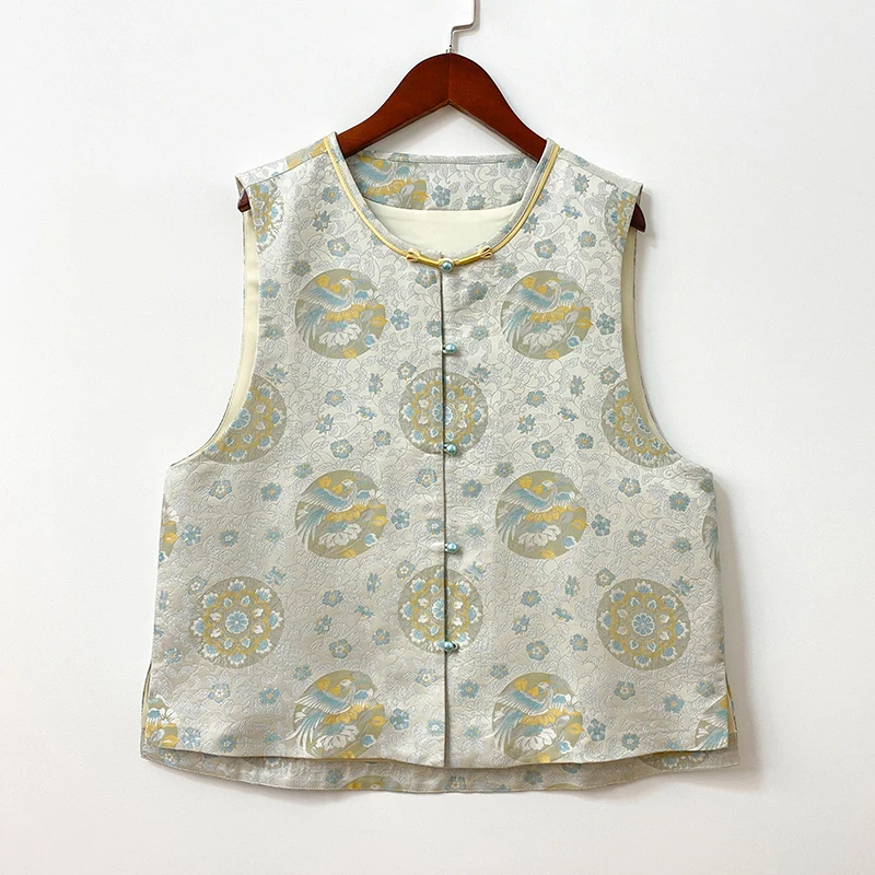 宋锦灰色凤凰宝相花马甲新中式国风复古气质女士圆领无袖马夹上衣