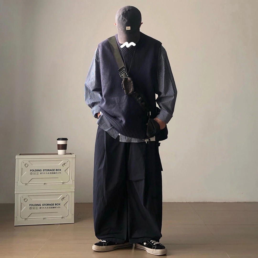 特大码300斤日系藏青色针织无袖马甲+衬衫+休闲长裤三件套男秋冬