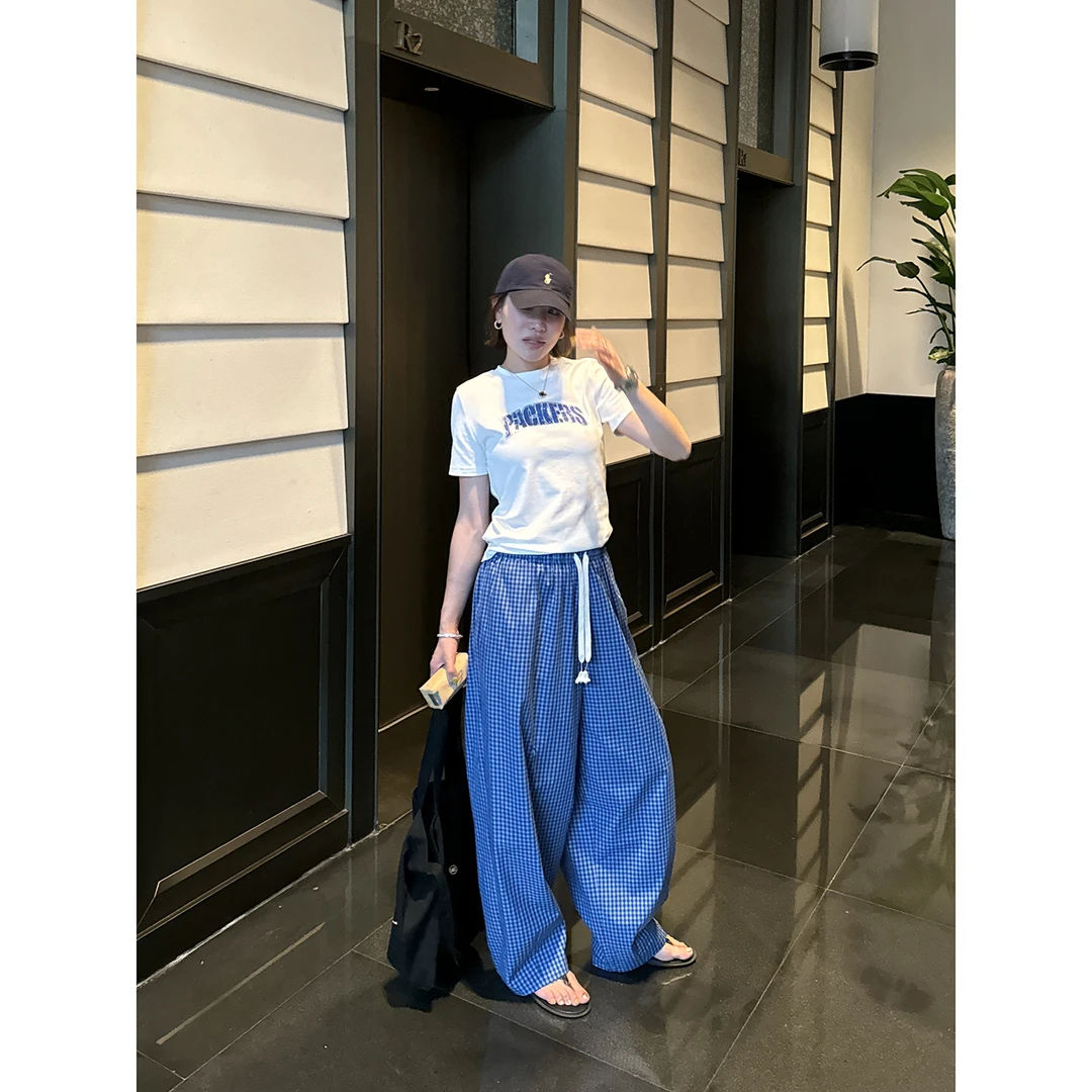 YANGLE_格子阔腿裤女2025年新款夏季蓝色宽松显瘦直筒休闲拖地裤