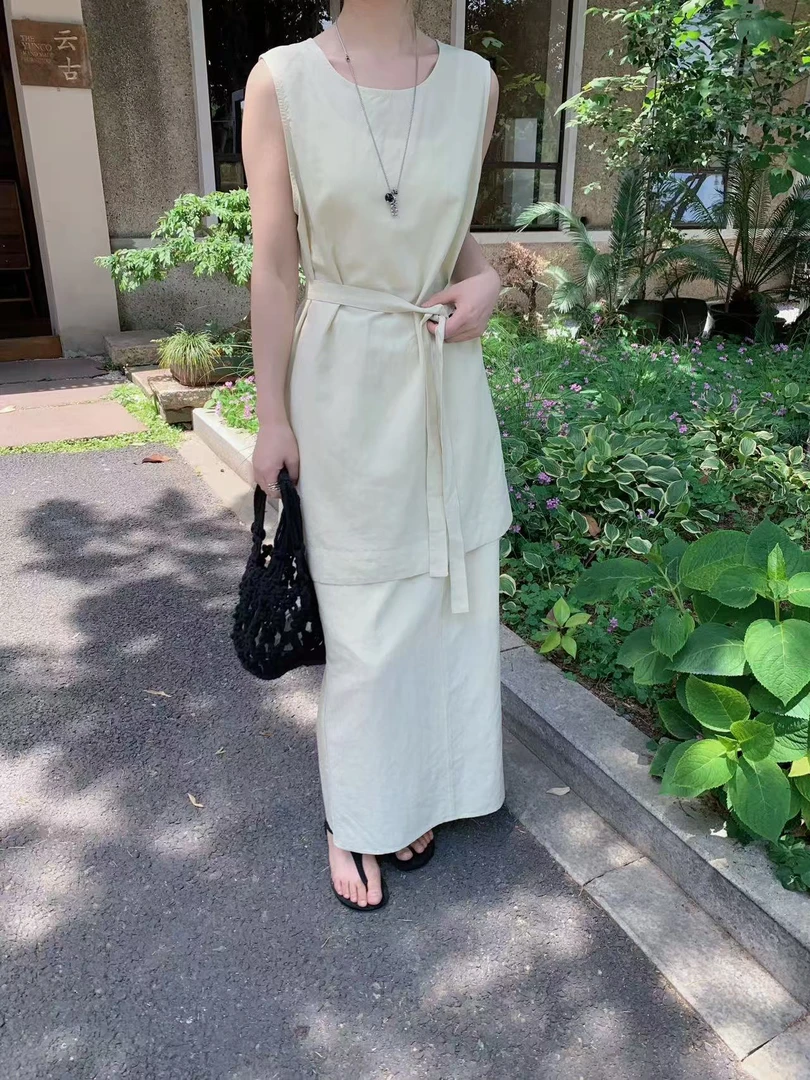 恩熙·夏季新款无袖半裙收腰系带衬衫套装7363