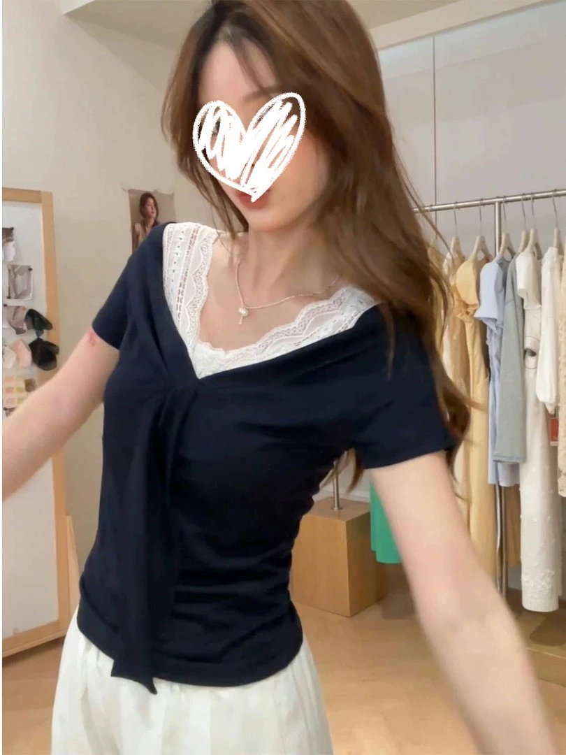 法式V领蕾丝拼接蝴蝶结假两件正肩短袖T恤女夏季修身显瘦短款上衣