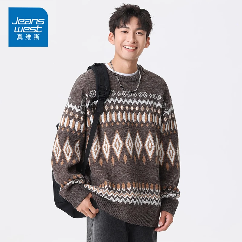Jeanswest/真维斯男士潮流圆领毛衣秋冬季加厚保暖宽松休闲针织衫
