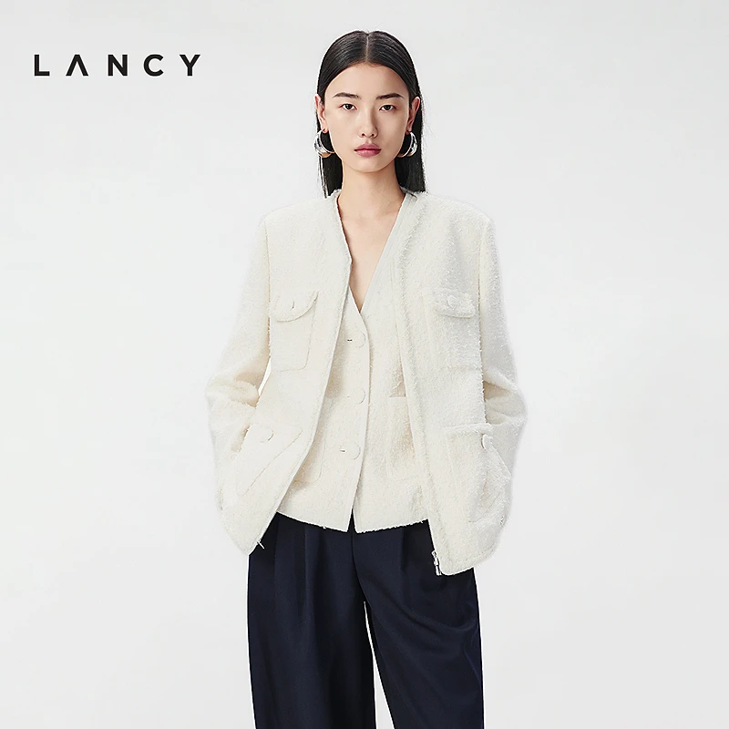 【陆可燃同款】LANCY/朗姿法式小香风粗花呢拉链短外套女白色V领