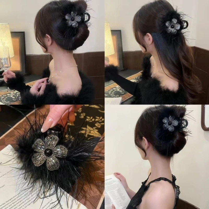 新款花朵毛毛抓夹时尚百搭高级感鲨鱼夹发卡后脑勺气质女发饰