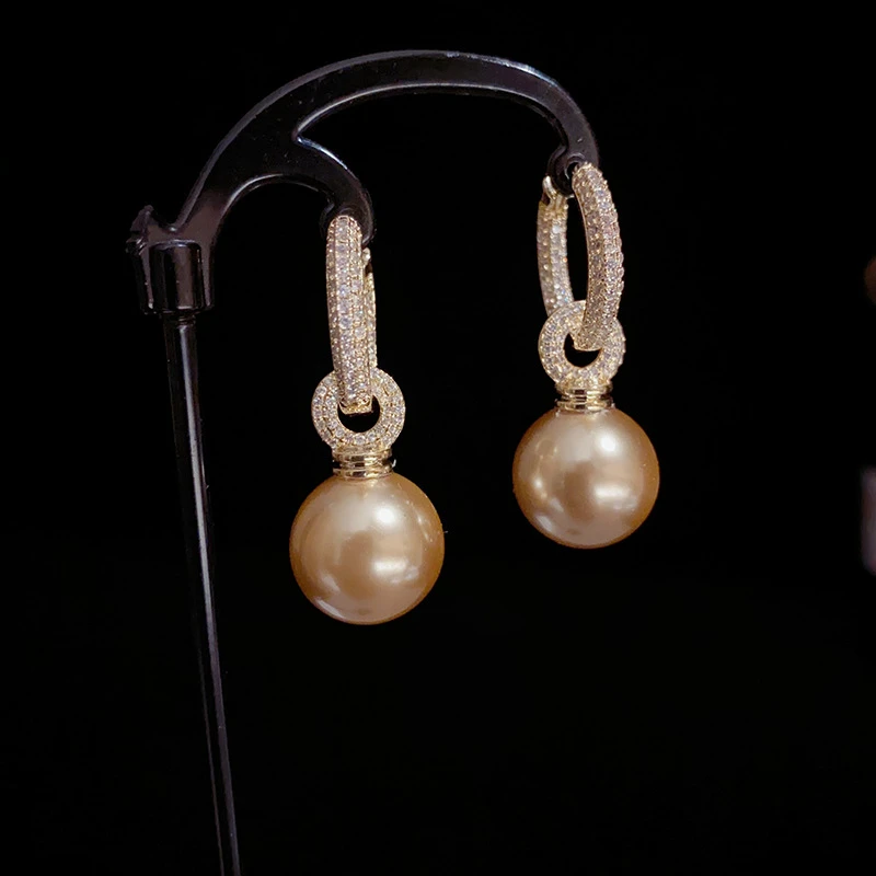 黄铜锆石耳饰 精致东大门时尚锆石咖啡珍珠耳扣两戴款小众设计感