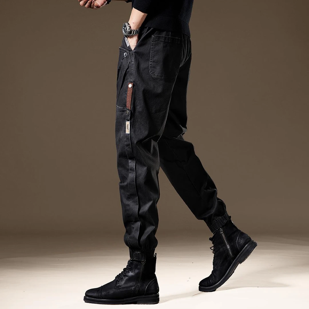 高端美式复古拼接休闲工装裤子男春秋新款宽松大码哈伦束脚长
