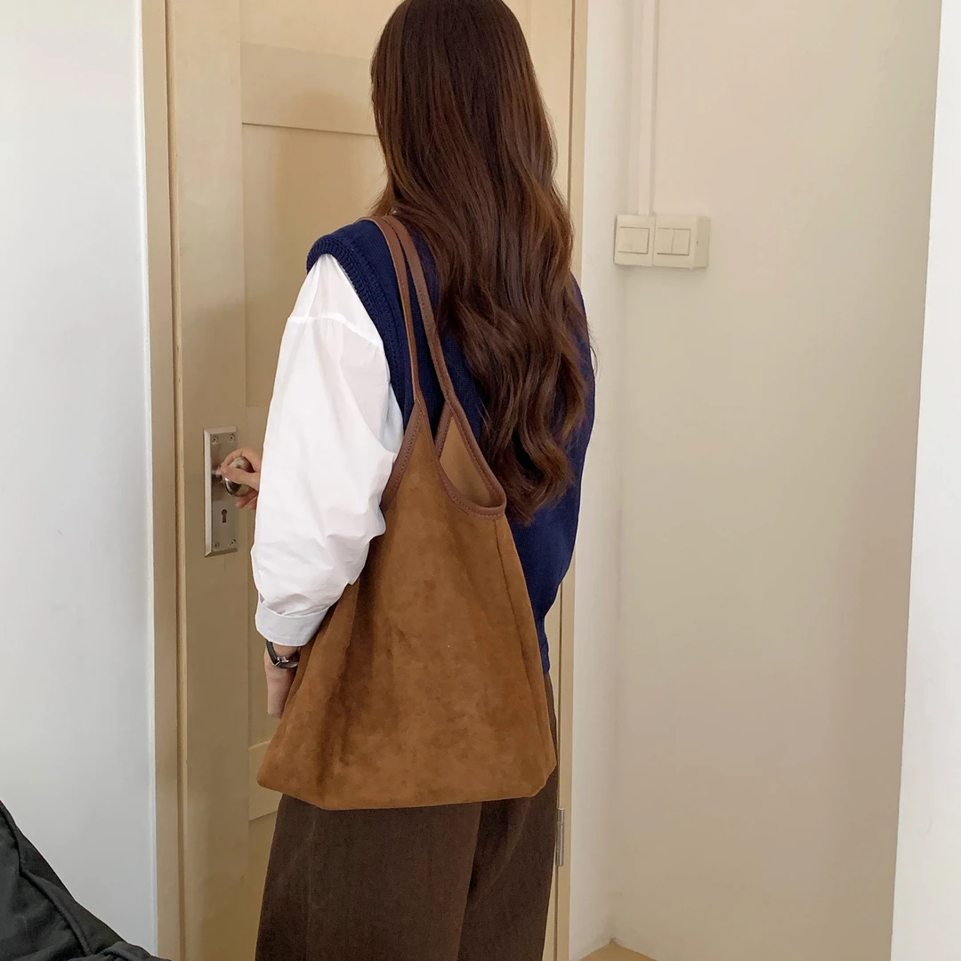 竹笋喵喵 小众慵懒风磨砂绒面托特包女2025秋冬复古感单肩腋下包