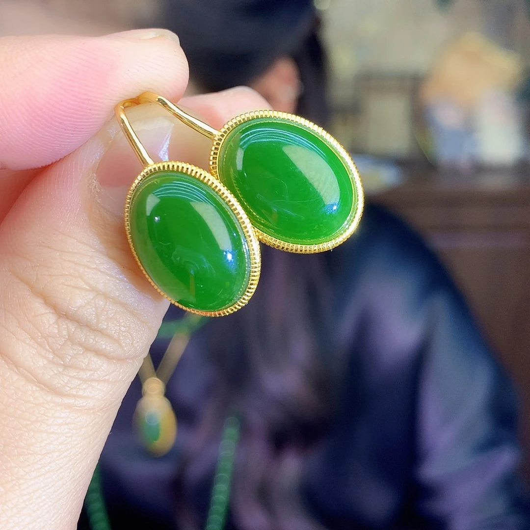 吊坠(不含链)银S925镶嵌和田玉（碧玉）耳饰