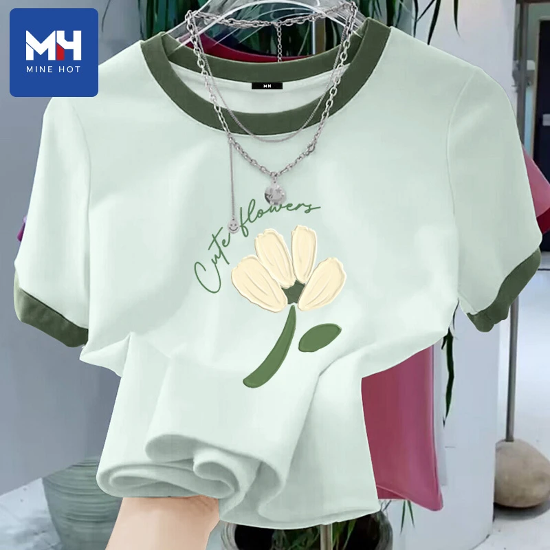 唐狮集团MH短袖t恤女2025年款夏季纯棉宽松胖MM小个子撞色上衣服