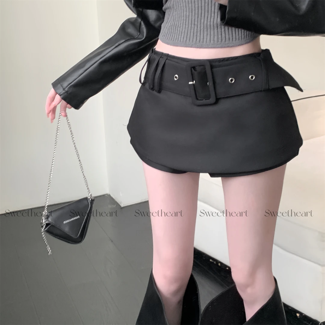 短款辣妹宽腰带包臀防走光裙裤半身裙显瘦短裙高腰百搭黑色皮裙