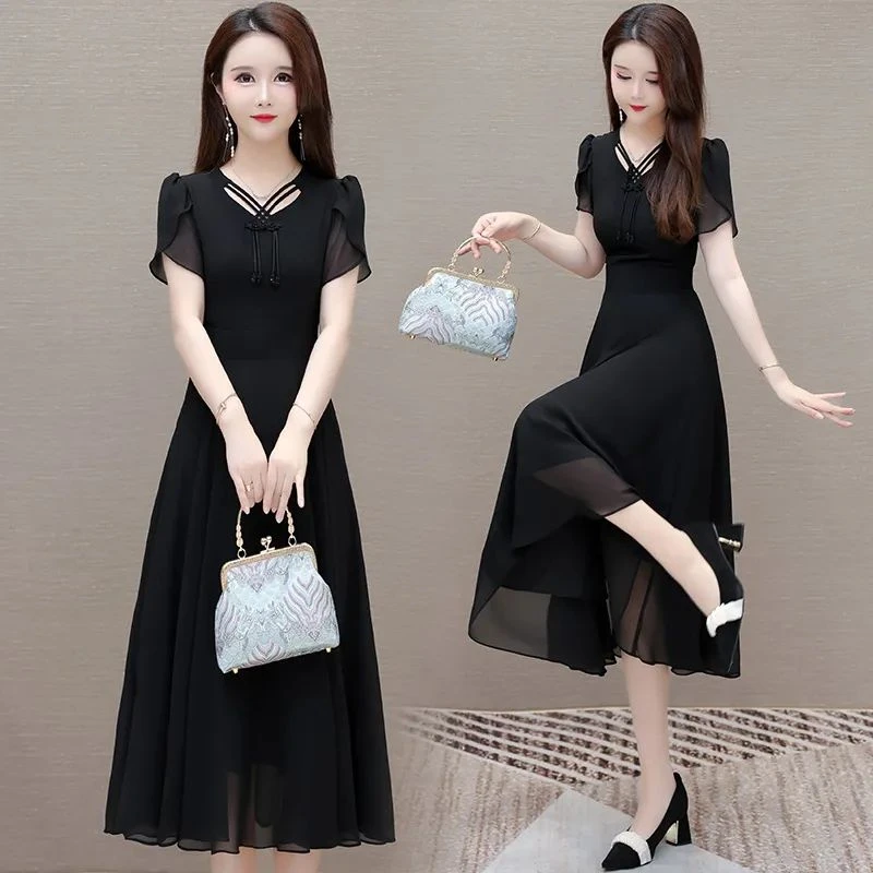 气质雪纺连衣裙女2025夏季新款新中式别致领短袖轻熟风黑色字裙