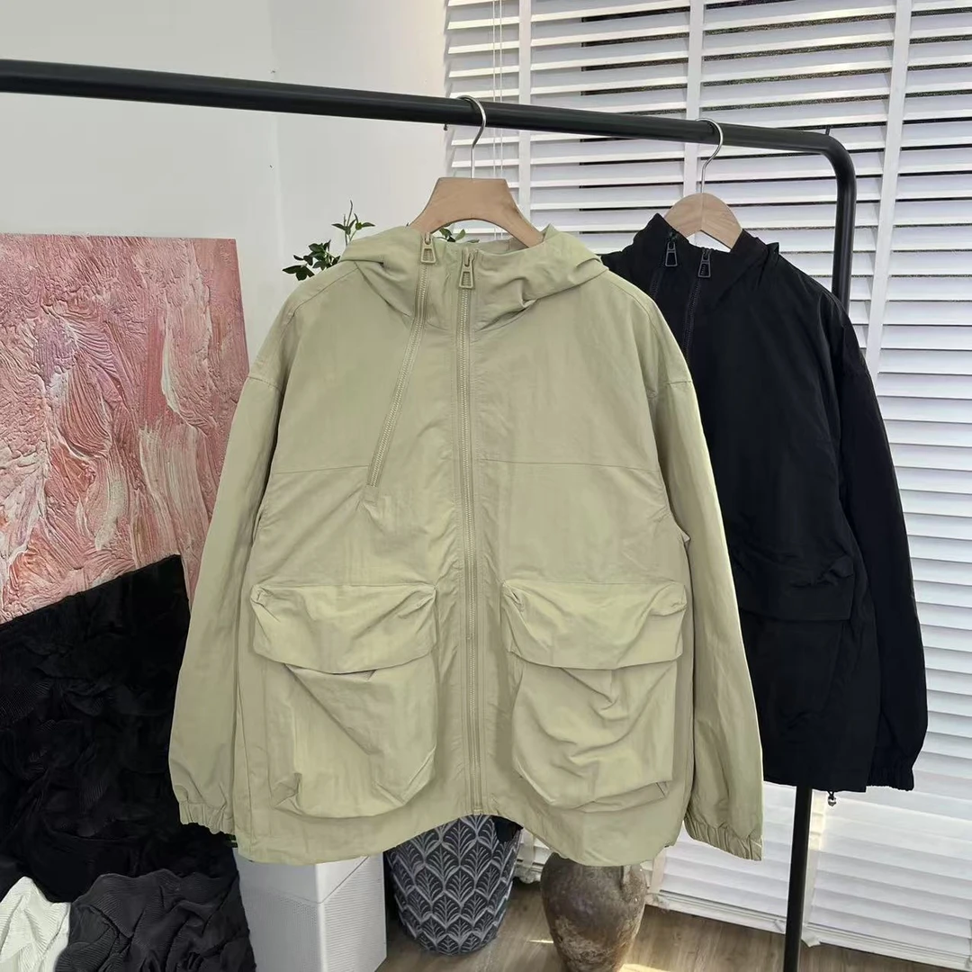 日系宽松休闲「户外多袋双层」连帽长袖外套女E5182