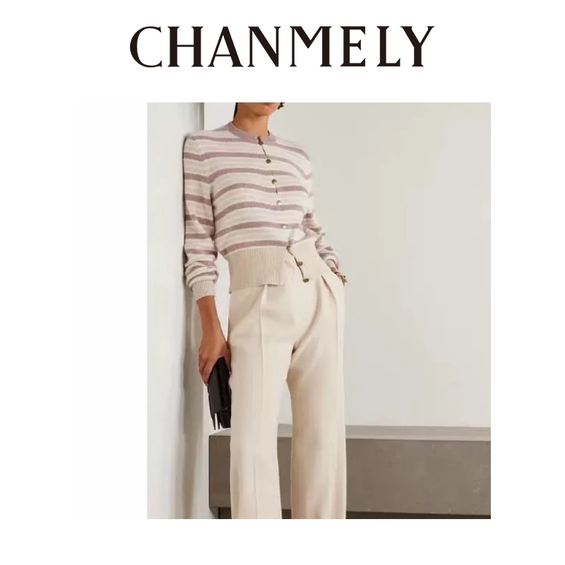【CHANMITY】25/FW法式慵懒高级条纹定染亲肤羊绒开衫外套025877