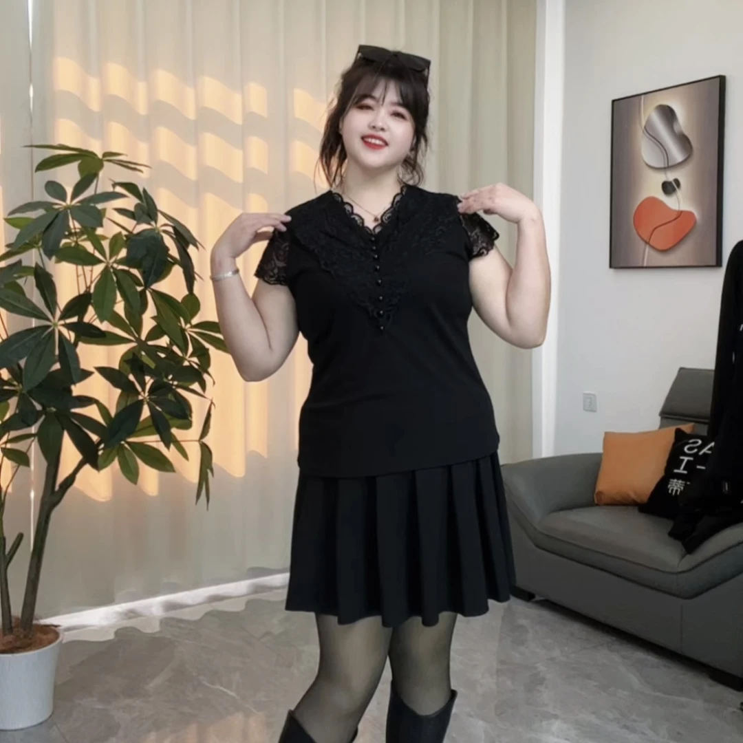 夏季新款8839大码蕾丝拼接设计气质V领上衣显瘦短袖打底洋气