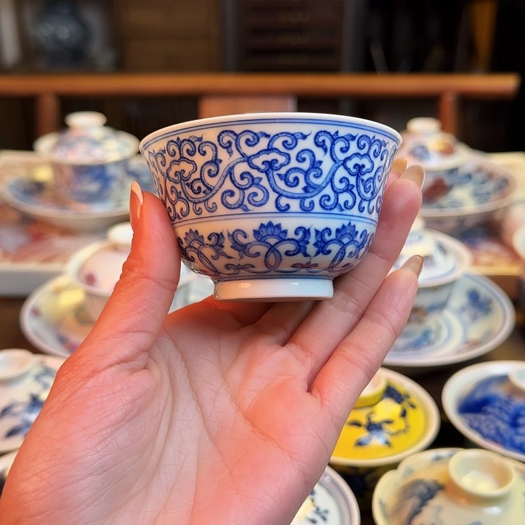 杯重工点工青花缠枝如意碗杯