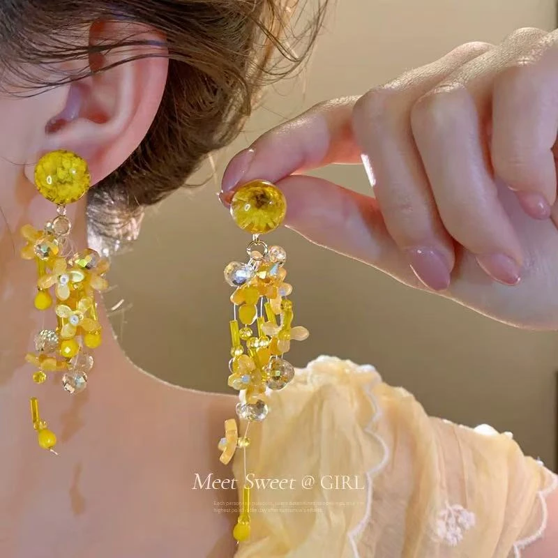 铜合金树脂耳饰 黄色花朵流苏耳环女轻奢高级感时尚耳夹长款0021