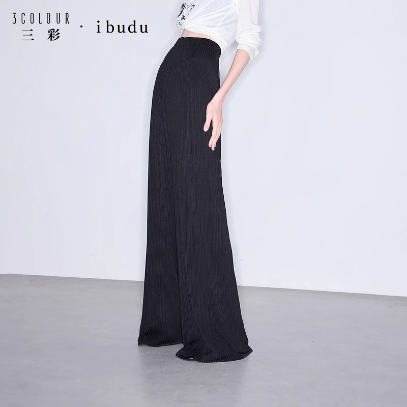 三彩ibudu2025夏季新款肌理感休闲裤松紧腰宽松直筒裤长裤女