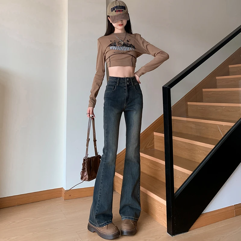 2025春秋新款微喇牛仔裤女高腰百搭宽松显瘦弹力修身设计感微喇裤