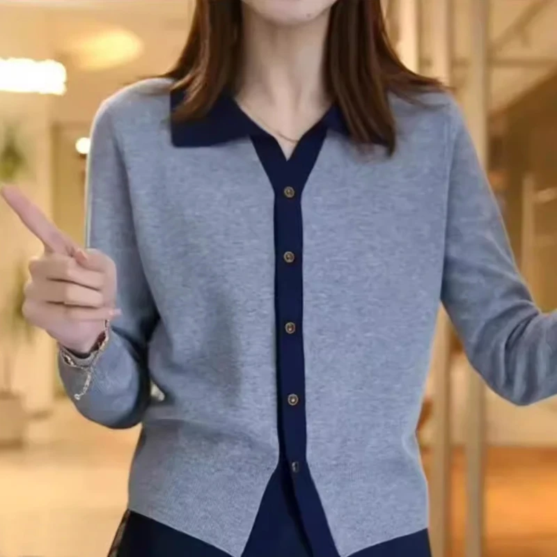 2025春秋季新款女士韩版拼色百搭长袖毛针织衫翻领小个子短款外套