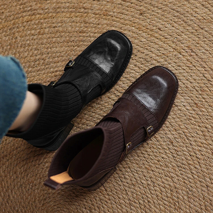 4.5cm/手抓羊皮粗跟方头弹力袜子靴女真皮针织短靴毛线搭扣瘦瘦靴