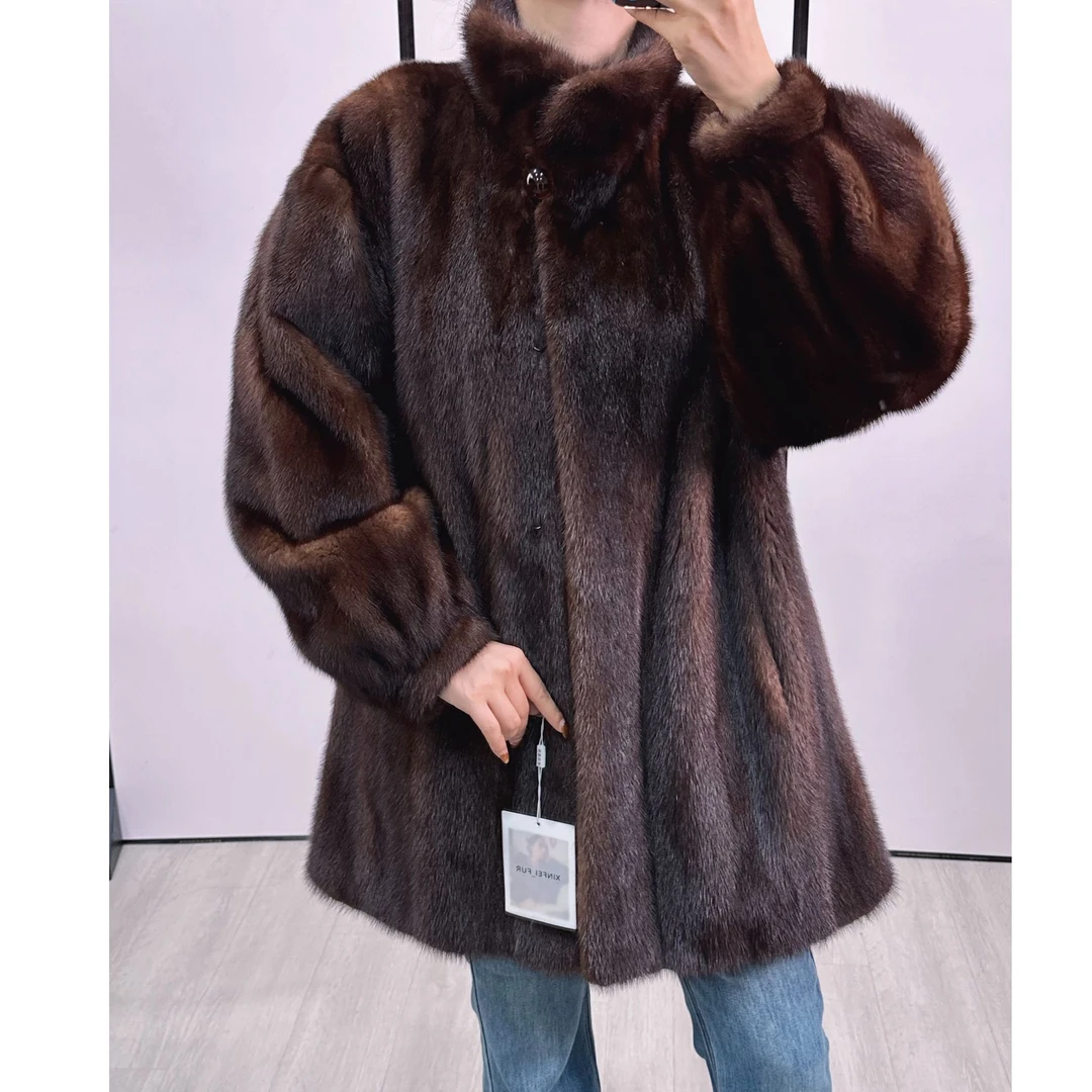 F150，XL，深咖色可立可翻领小落肩收口掉袖水貂外套