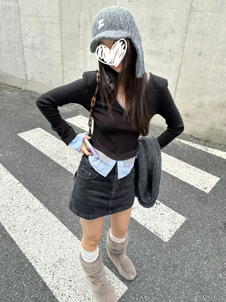 高智感叠穿磨毛拼接衬衫假三件V领打底针织衫