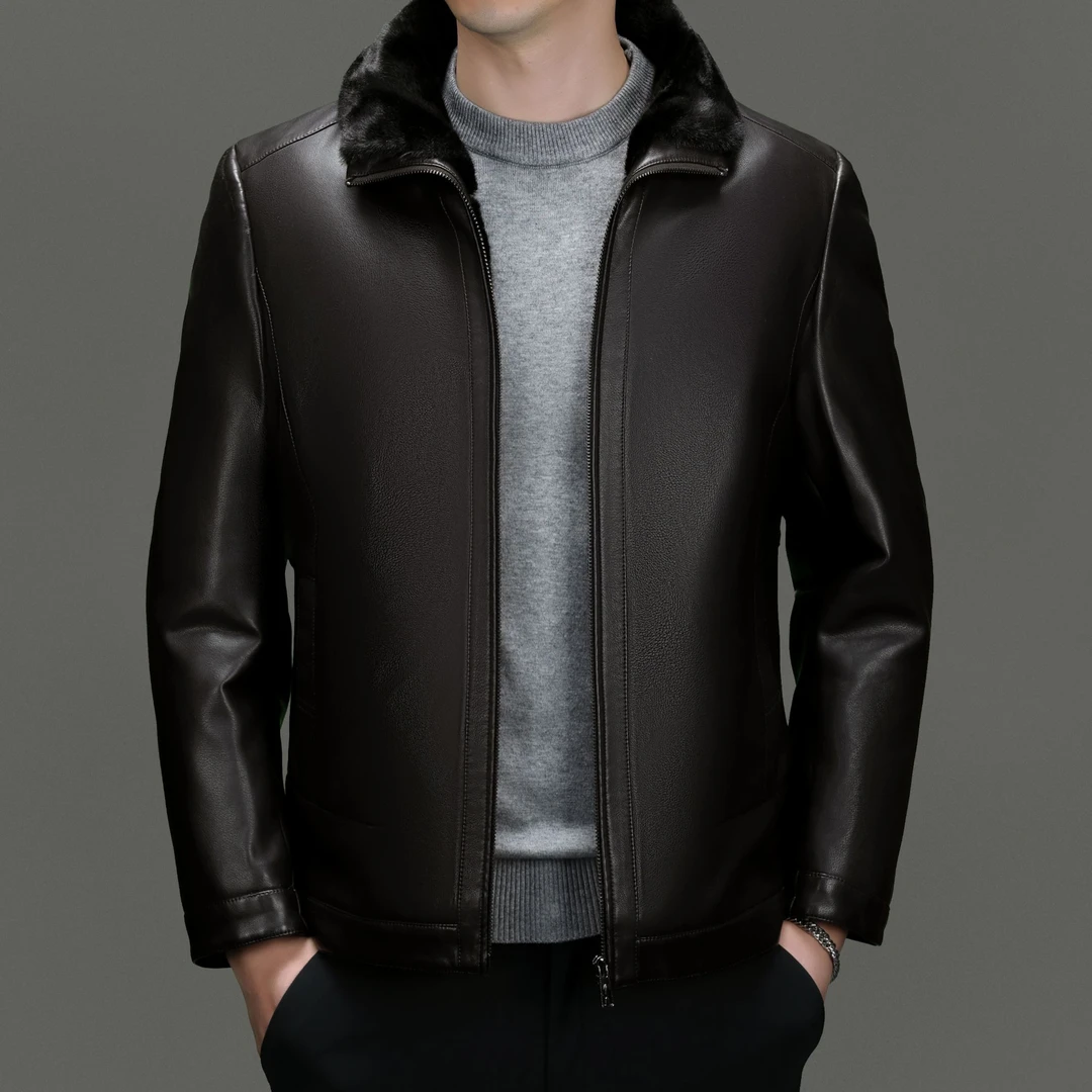 皮衣秋冬款加绒加厚一体绒休闲百搭耐看新款高端纯色爸爸款帅气酷